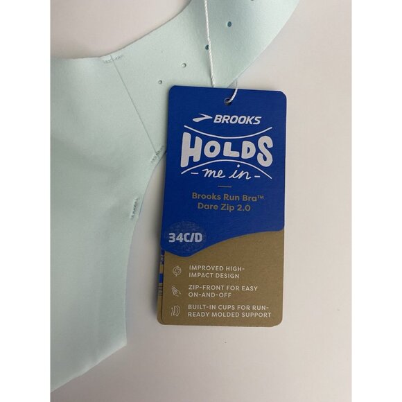 Brooks 34C/D Dare Zip Front Run Bra 2.0 Ice Blue Vivid Teal Molded Sports Bra - Picture 8 of 9